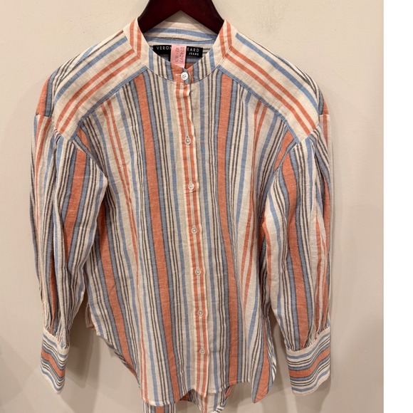 Veronica Beard Tops - Veronica Beard Jeans Orange Blue Striped Linen Blend Band Collar Shirt XS